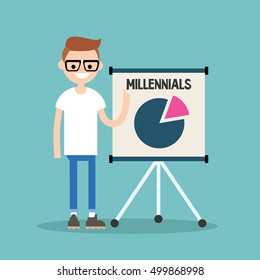 Young nerd pointing on the flip chart with the info graphics about millennials / flat editable vector illustration