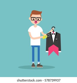 Young nerd shocked by a high price / flat editable vector illustration, clip art