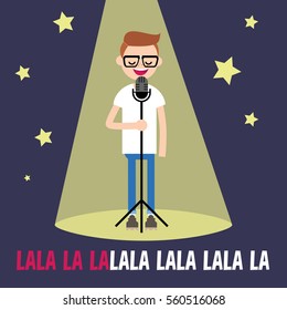 Young nerd singing karaoke on the stage / flat editable vector illustration, clip art