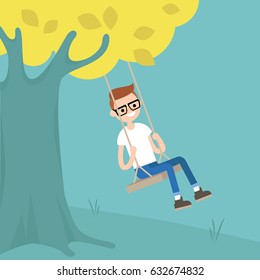 Young nerd sitting on the swing / editable flat vector illustration