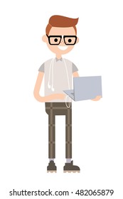 Young nerd is standing with his laptop // flat editable vector illustration