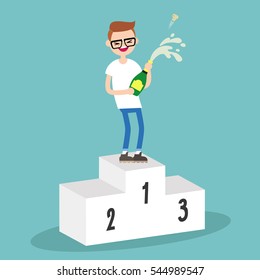 Young nerd standing on the pedestal and opening a bottle of champagne. Opened champagne sprayed. Celebration concept. / flat editable vector illustration