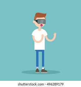 Young nerd teenage boy wearing virtual reality glasses / flat editable vector illustration