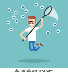 Young nerd trying to catch likes with a nettle. Social media marketing concept / flat editable vector illustration, clip art