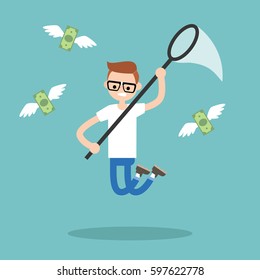 Young nerd trying to catch money with a nettle. Business concept / flat editable vector illustration, clip art