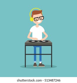 Young nerd wearing headphones and scratching a record on the turntable / flat editable vector illustration
