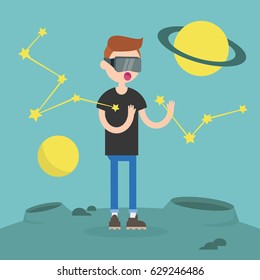 Young nerd wearing virtual reality glasses surrounded by planets and stars / flat editable vector illustration, clip art