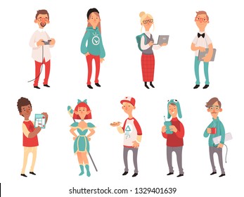 Young nerds. Smart teen geeks boys and girls teenagers technology lovers vector characters