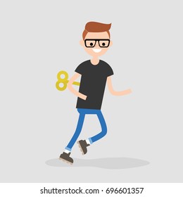 Young nerdy character with a clockwork mechanism. Efficiency conceptual illustration. Flat editable vector illustration, clip art
