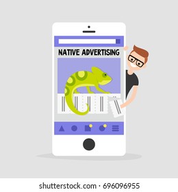 Young Nerdy Character Peeking Out From Behind The Smartphone. Chameleon As A Metaphor Of Native Ads / Flat Editable Vector Illustration, Clip Art