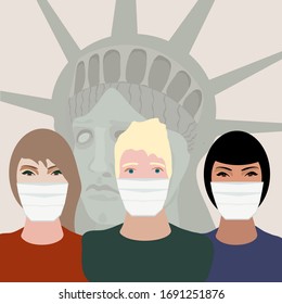 Young New Yorkers in medical masks on the background of the Statue of Liberty Coronavirus covid 19 epidemic concept. Quarantine in New York. Vector illustration.