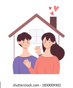 The young newlyweds formed a family. Two-person residential concept vector illustration.