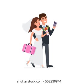 
Young newlyweds go on a wedding travel. Flat style vector illustration isolated on white background.