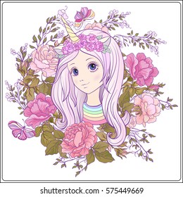 Young nice girl in a cap with a unicorn horn in the garden of roses. Stock vector.

