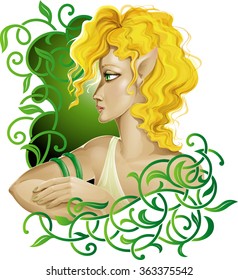 Young nice girl elf with green eyes and yellow hair in green floral ornament.