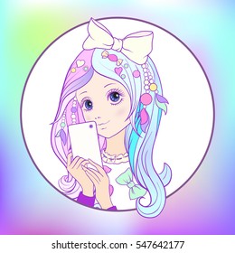 Young nice girl with long colored hear and bow make selfie or photograph on a mobile phone. Stock vector.