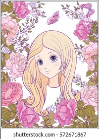 Young nice girl with long hair in the garden of roses. Good for greeting card for birthday, invitation or banner. Stock vector.


