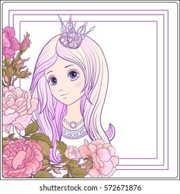 Young nice girl with long hair with princess crown in the garden of roses. Good for greeting card for birthday, invitation or banner. Stock vector.
