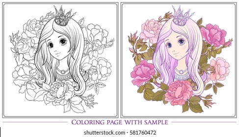 Young nice girl with long hair with princess crown in the garden of roses with colored sample. Outline drawing coloring page Coloring book for adult. Stock vector.
