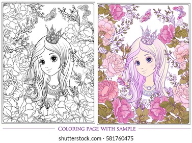 Young nice girl with long hair with princess crown in the garden of roses with colored sample. Outline drawing coloring page Coloring book for adult. Stock vector.
