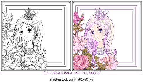 Young nice girl with long hair with princess crown in the garden of roses with colored sample. Outline drawing coloring page Coloring book for adult. Stock vector.
