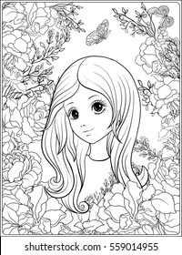 Young nice girl with long hear in the garden of roses.
 Outline drawing coloring page. Coloring book for adult. Stock vector.