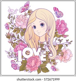 Young nice girl with long hear in the garden of roses. Good for greeting card for birthday, invitation or banner. Stock vector.

