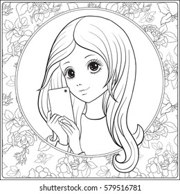 Young nice girl with long hear make selfie or photograph on a mobile phone. Outline drawing coloring page. Coloring book for adult. Stock vector.