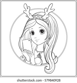 Young nice girl with long hear and deer horns on her head make selfie or photograph on a mobile phone. Outline drawing coloring page. Coloring book for adult. Stock vector.