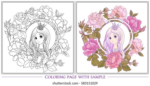 Young nice girl with long hear with princess crown in the garden of roses with colored sample. Outline drawing coloring page Coloring book for adult. Stock vector.
