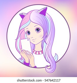 Young nice girl with long multi colored pink hear and cat ears make selfie or photograph on a mobile phone. Stock vector.