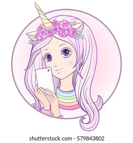 Young nice girl with long multi colored pink hear and unicorn horn and roses on her head make selfie or photograph on a mobile phone. Stock vector.