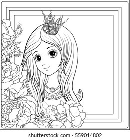 Young nice girl in princess crown in the garden of roses.
 Outline drawing coloring page. Coloring book for adult. Stock vector.
