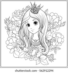 Young Nice Girl In Princess Crown In The Garden Of Roses.
 Outline Drawing Coloring Page. Coloring Book For Adult. Stock Vector.