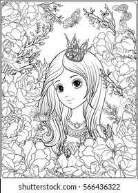 Young nice girl in princess crown in the garden of roses.
 Outline drawing coloring page. Coloring book for adult. Stock vector.