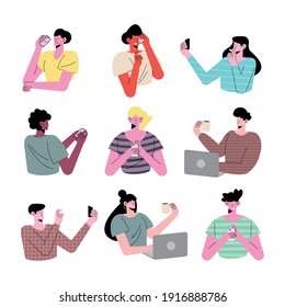 young nine persons wearing technology avatars characters vector illustration design