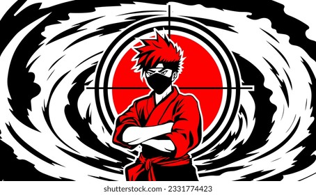 Young ninja against the background of a red target circle and a swirl of clouds. Black and red vector image in manga and anime style.