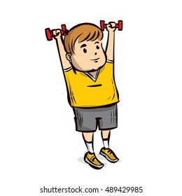 Young non-athletic man doing exercises with dumbbells. Hand drawn cartoon vector illustration.
