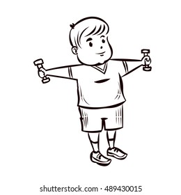 Young non-athletic man doing exercises with dumbbells. Hand drawn cartoon vector illustration.