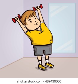 Young non-athletic man doing exercises with dumbbells. Hand drawn cartoon vector illustration.