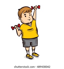 Young non-athletic man doing exercises with dumbbells. Hand drawn cartoon vector illustration.