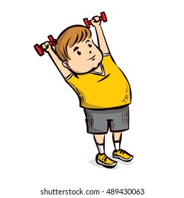 Young non-athletic man doing exercises with dumbbells. Hand drawn cartoon vector illustration.