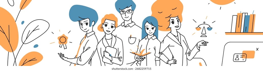 Jovem equipe de notários oferecendo apoio e confiança. Profissionais criativos ajudam os clientes com contratos, documentos e aconselhamento jurídico em ambiente de escritório amigável, ilustração vetorial moderna.