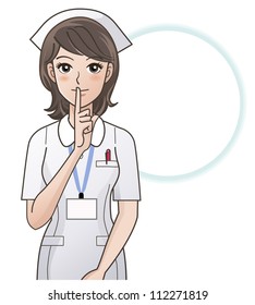 Young nurse asking for silence, ordering silence, with her finger over her mouth, isolated over a white background