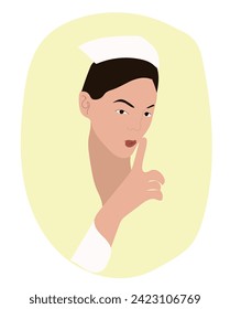 Young nurse asking for silence, ordering silence, with her finger over her mouth, isolated over a yellow background. International nurses day. Woman shows a sign of silence. Avatar. Clinic. Surgery.