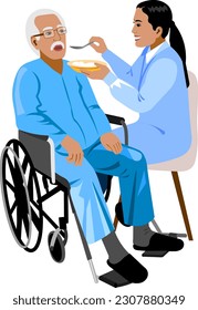 Young nurse feeding an elderly man with a spoon Old man sitting in a chair on wheels Vector