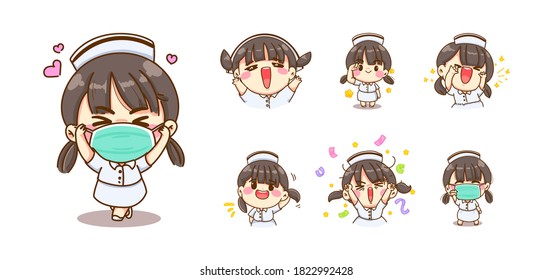Young nurse happy and greeting concept isolated on white background with character design.