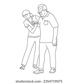 Young nurse helping elderly man walk by holding his hand, Hand drawn style isolated on background illustration vector.
