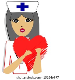 young nurse holding a big heart in his hands, white background, image decentralized.
