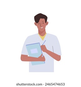 Young Nurse man character wearing professional uniform holding file. Healthcare medical staff. Vector flat cartoon illustration